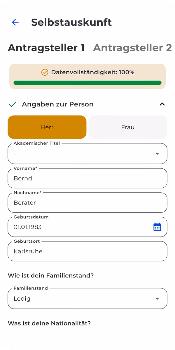 HYPOFY Screenshot welches den Schritt der Selbstauskunft der Kunden zeigt.
